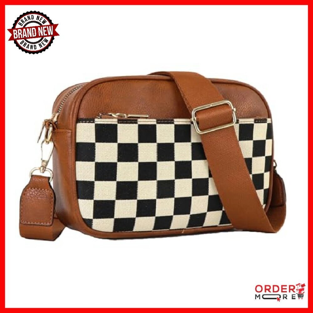 PU Leather Crossbody Bag Adjustable Strap Checkerboard Plaid Handbag - Picture 2 of 7